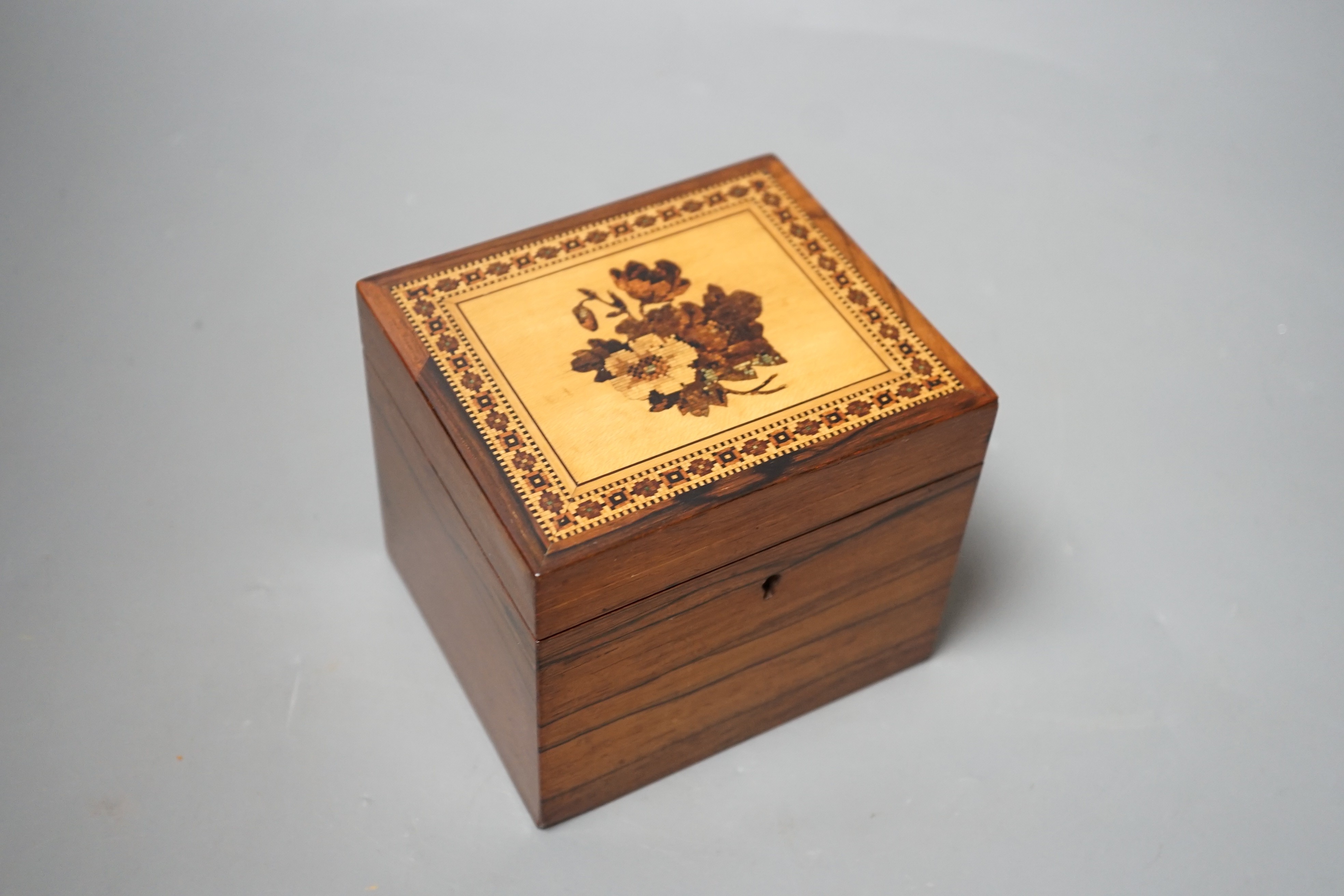 A Tunbridge ware rosewood tea caddy, late 19th century, 10cm high